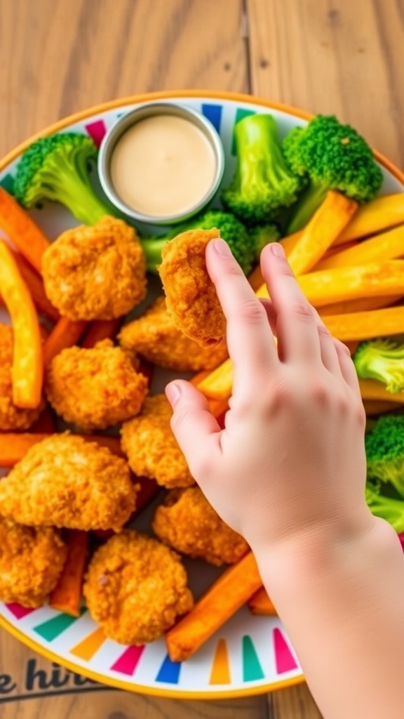 A plate of crispy air fryer chicken nuggets, sweet potato fries, and broccoli, perfect for kids.